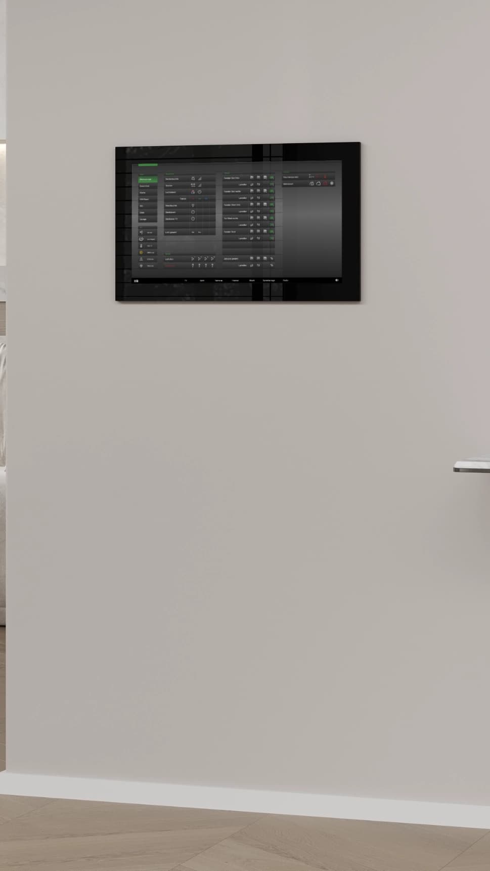 HomeCockpit Touchpanel in der Wand montiert im Vordergrund mit modern eingerichtetem Essbereich im Hintergrund.
