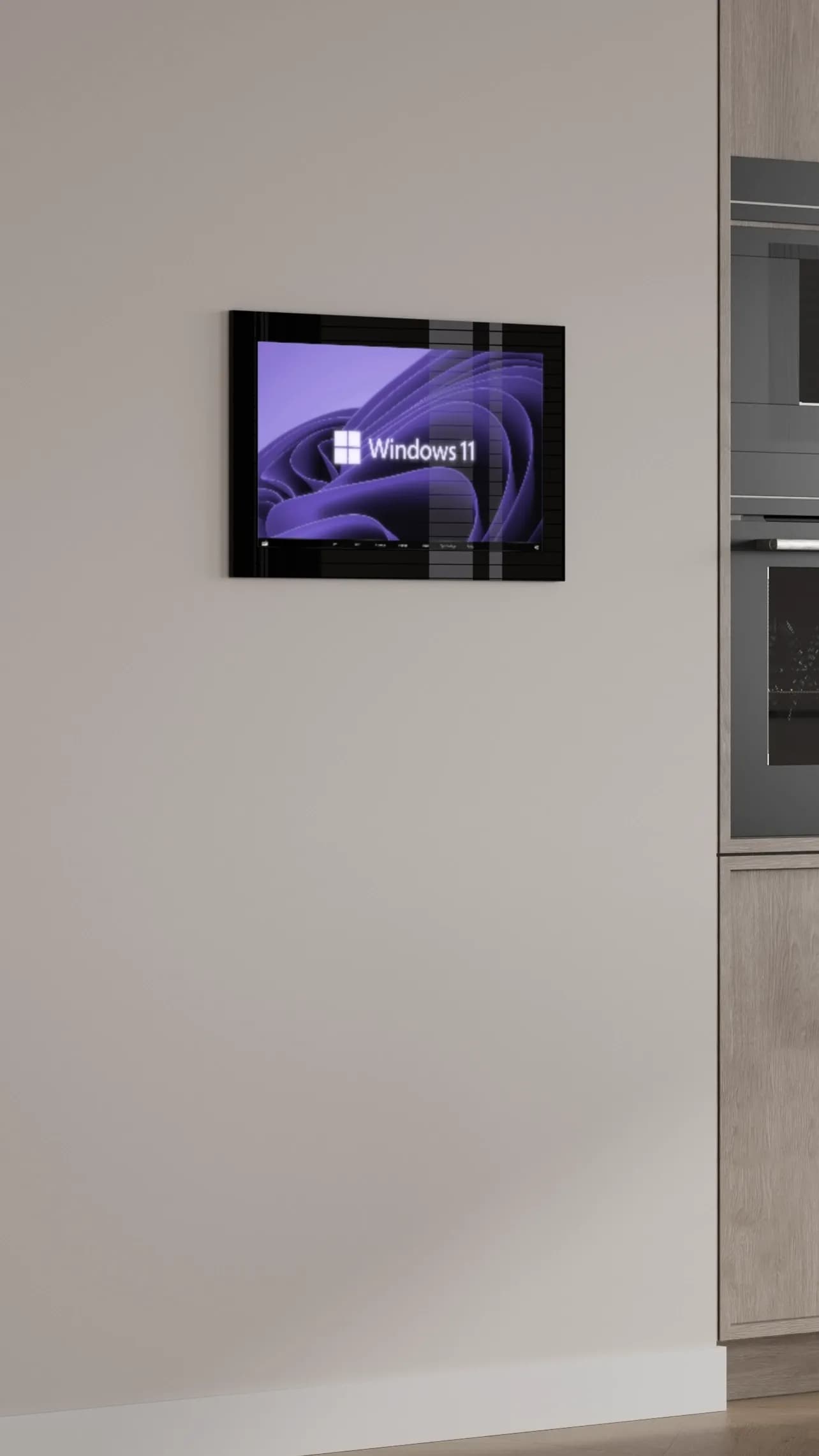 HomeCockpit Touchpanel in der Wand montiert im Vordergrund mit modern eingerichtetem Essbereich im Hintergrund.